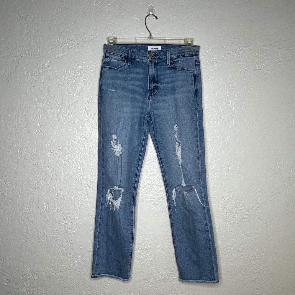 FRAME Le High Straight Turn Back Hem Distressed Jeansβ Beldon Rips Blue Size 28